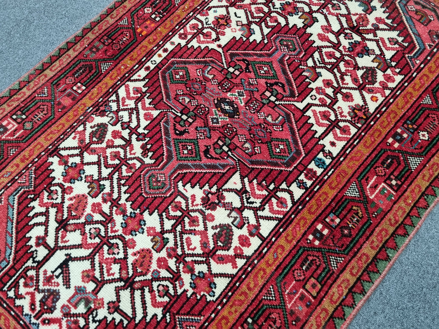 Handwoven Vintage Wool Rug, Red Ivory Tribal Oriental Carpet (2'6" x 4')