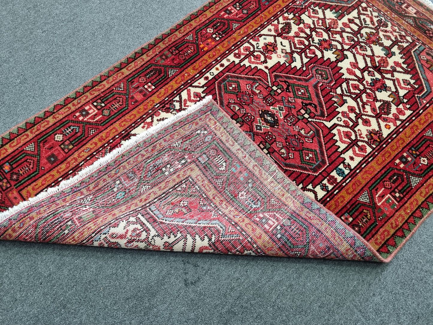 Handwoven Vintage Wool Rug, Red Ivory Tribal Oriental Carpet (2'6" x 4')