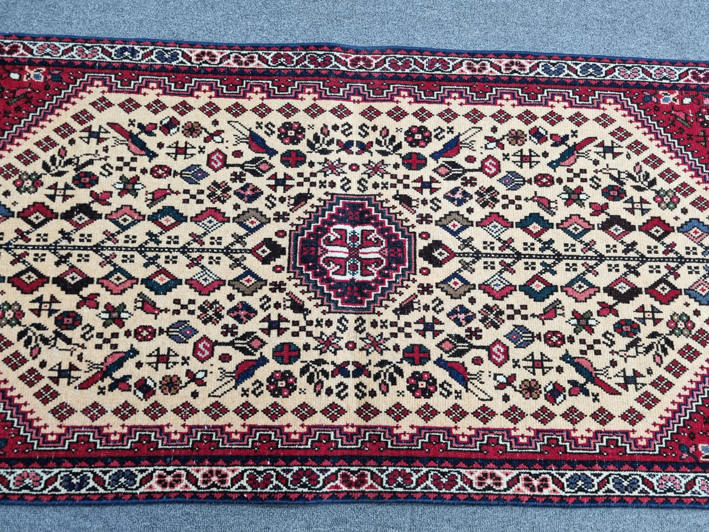 Vintage Handwoven Red Tribal Wool Rug, Oriental Medallion Carpet (2'1" x 4'11")