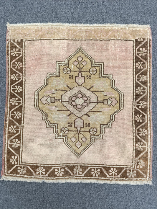 Vintage Turkish Tiny Rug, Handwoven Wool Square Accent Rug (1'9" x 1'9")