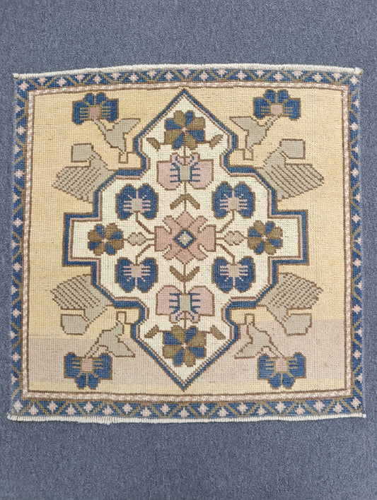 Vintage Turkish Tiny Rug, Handwoven Wool Square Accent Rug (2'1" x 2'1")