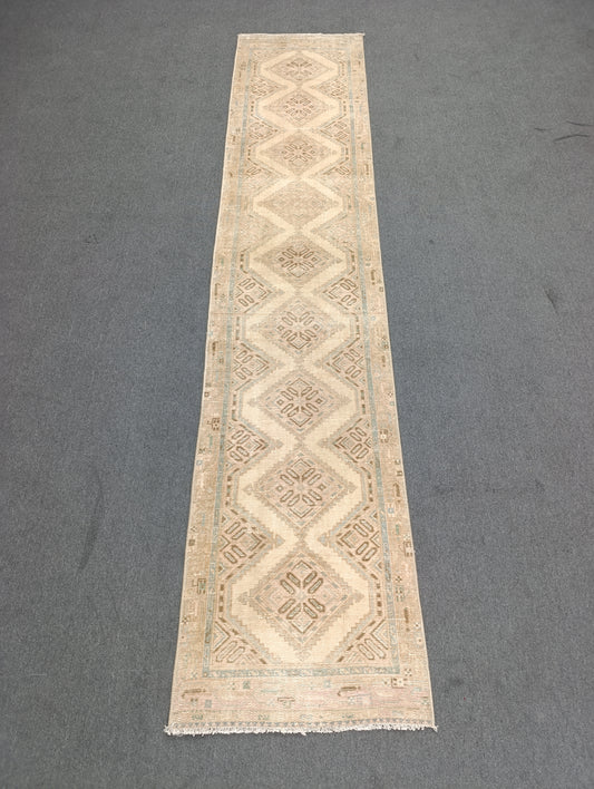 Vintage Oushak Runner Rug, Handwoven Beige Sage Blue Diamond Pattern Hallway Rug
