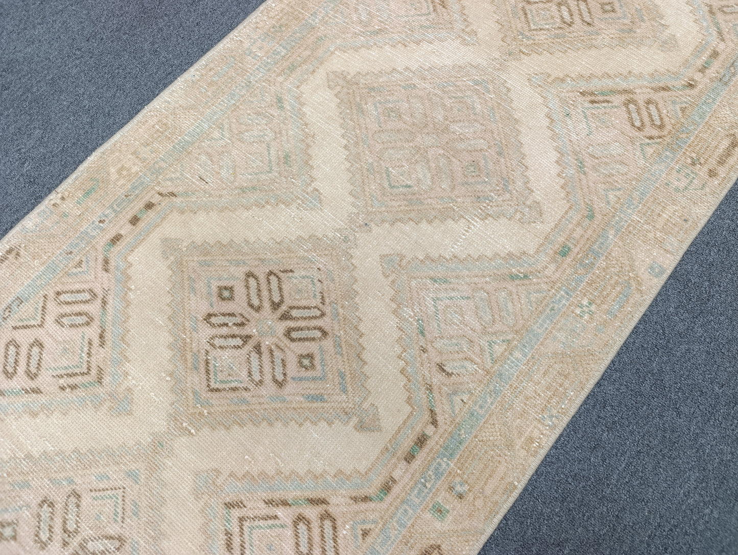 Vintage Oushak Runner Rug, Handwoven Beige Sage Blue Diamond Pattern Hallway Rug