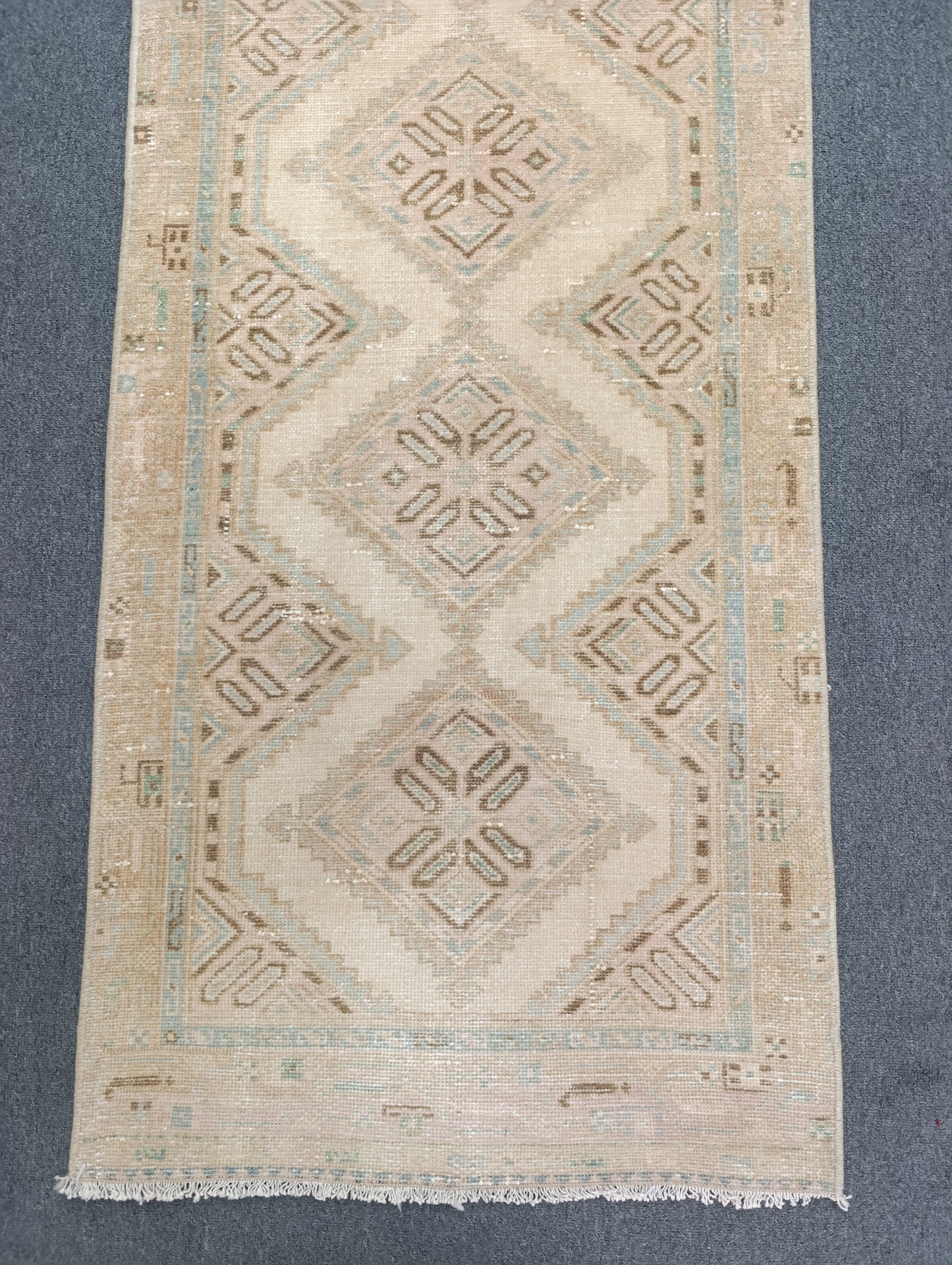 Vintage Oushak Runner Rug, Handwoven Beige Sage Blue Diamond Pattern Hallway Rug