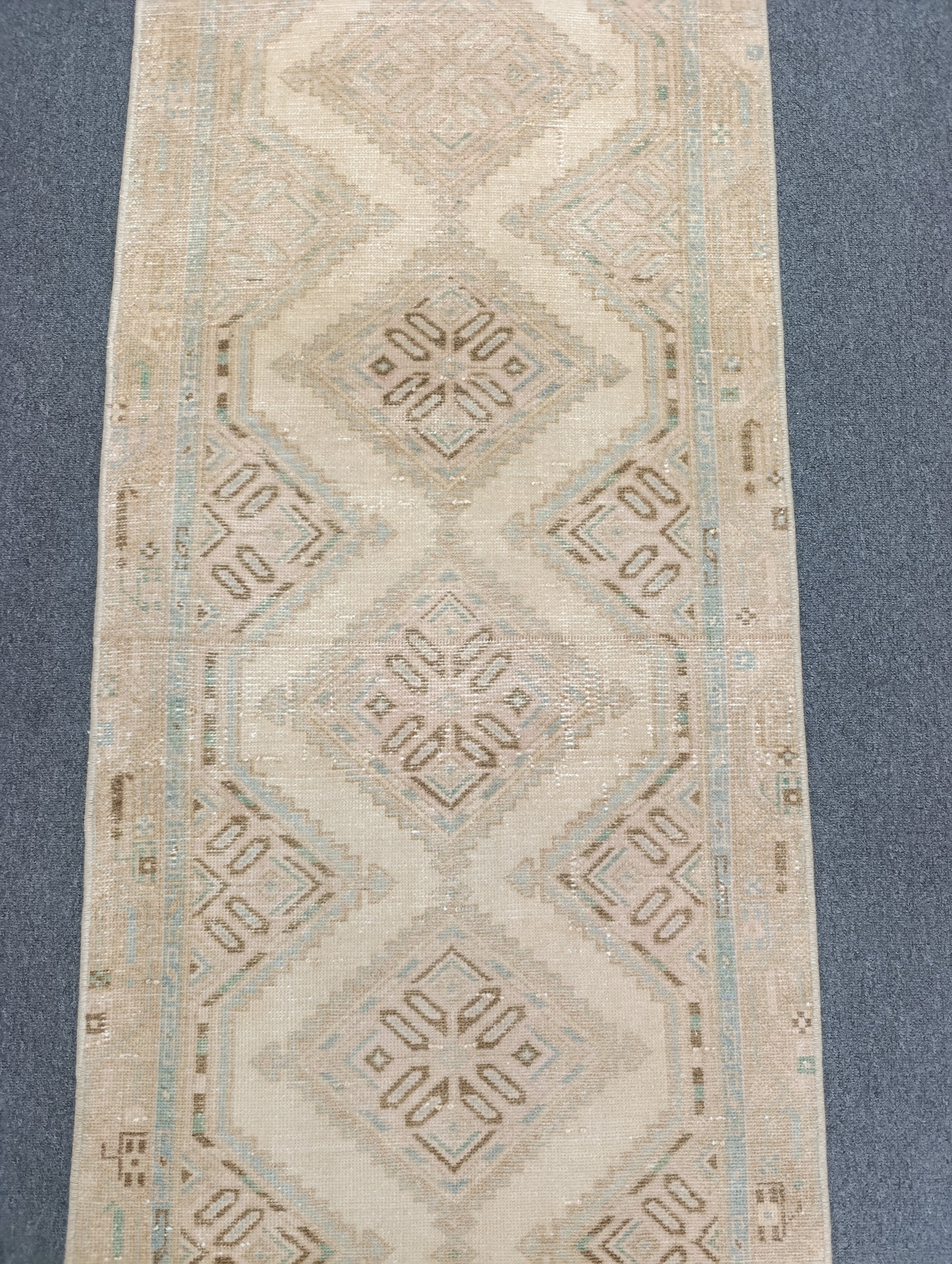 Vintage Oushak Runner Rug, Handwoven Beige Sage Blue Diamond Pattern Hallway Rug