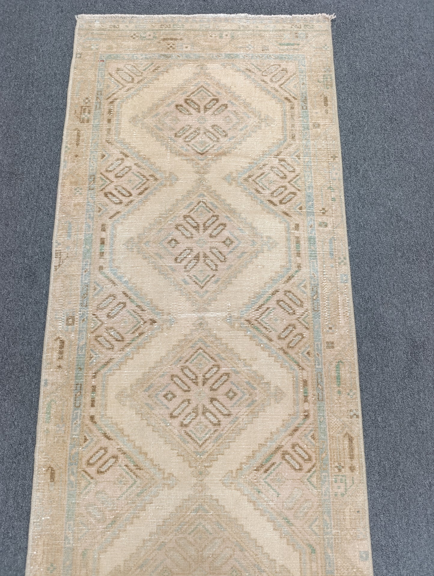 Vintage Oushak Runner Rug, Handwoven Beige Sage Blue Diamond Pattern Hallway Rug
