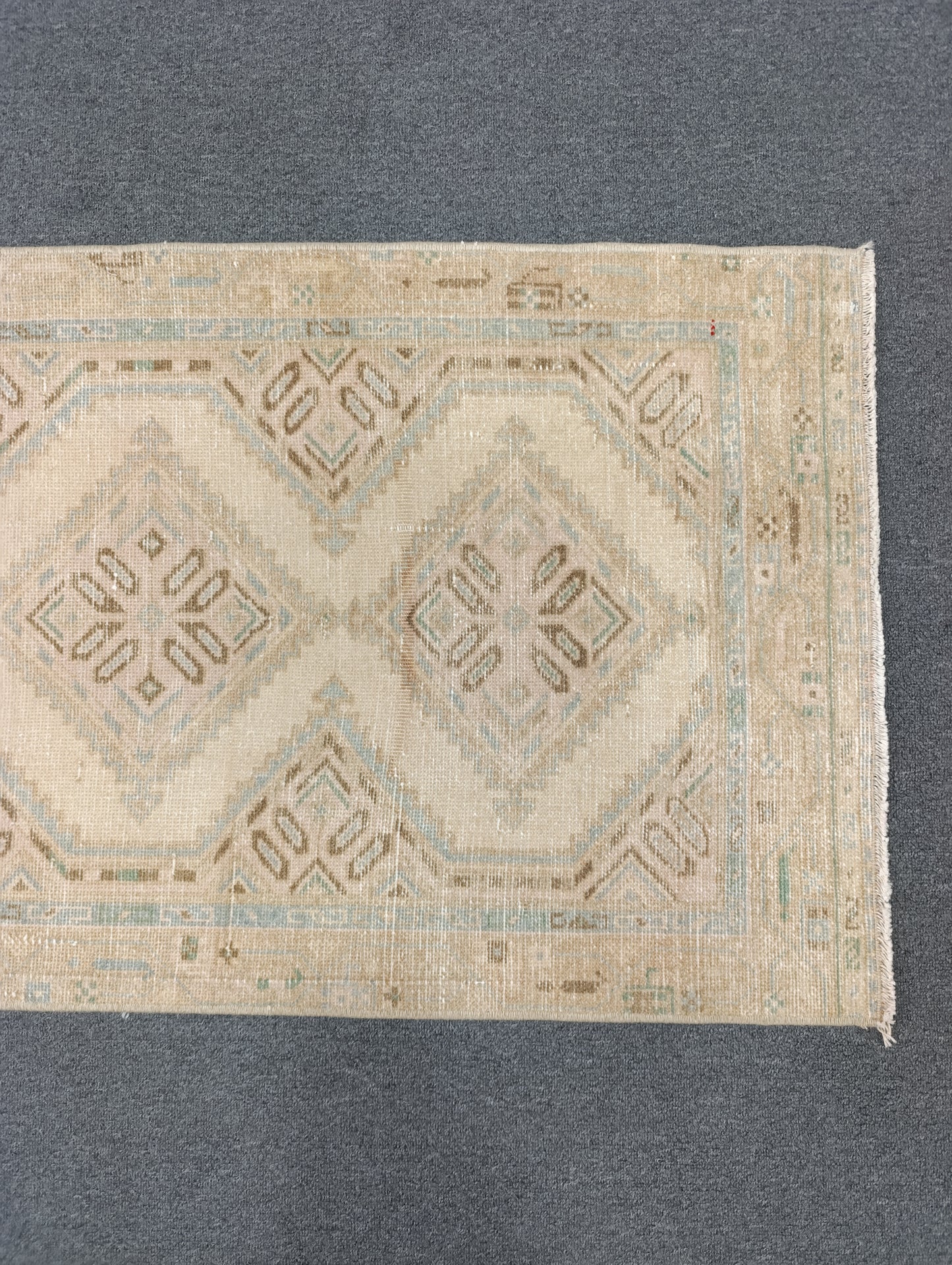 Vintage Oushak Runner Rug, Handwoven Beige Sage Blue Diamond Pattern Hallway Rug