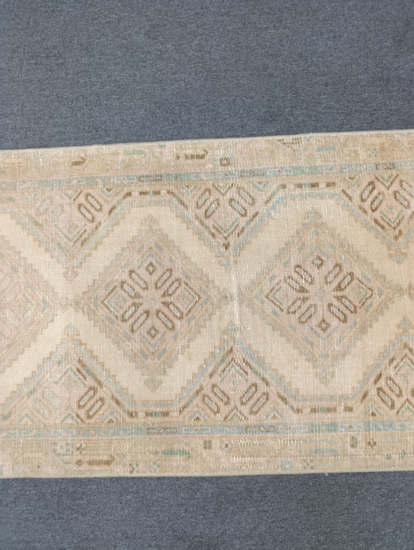 Vintage Oushak Runner Rug, Handwoven Beige Sage Blue Diamond Pattern Hallway Rug