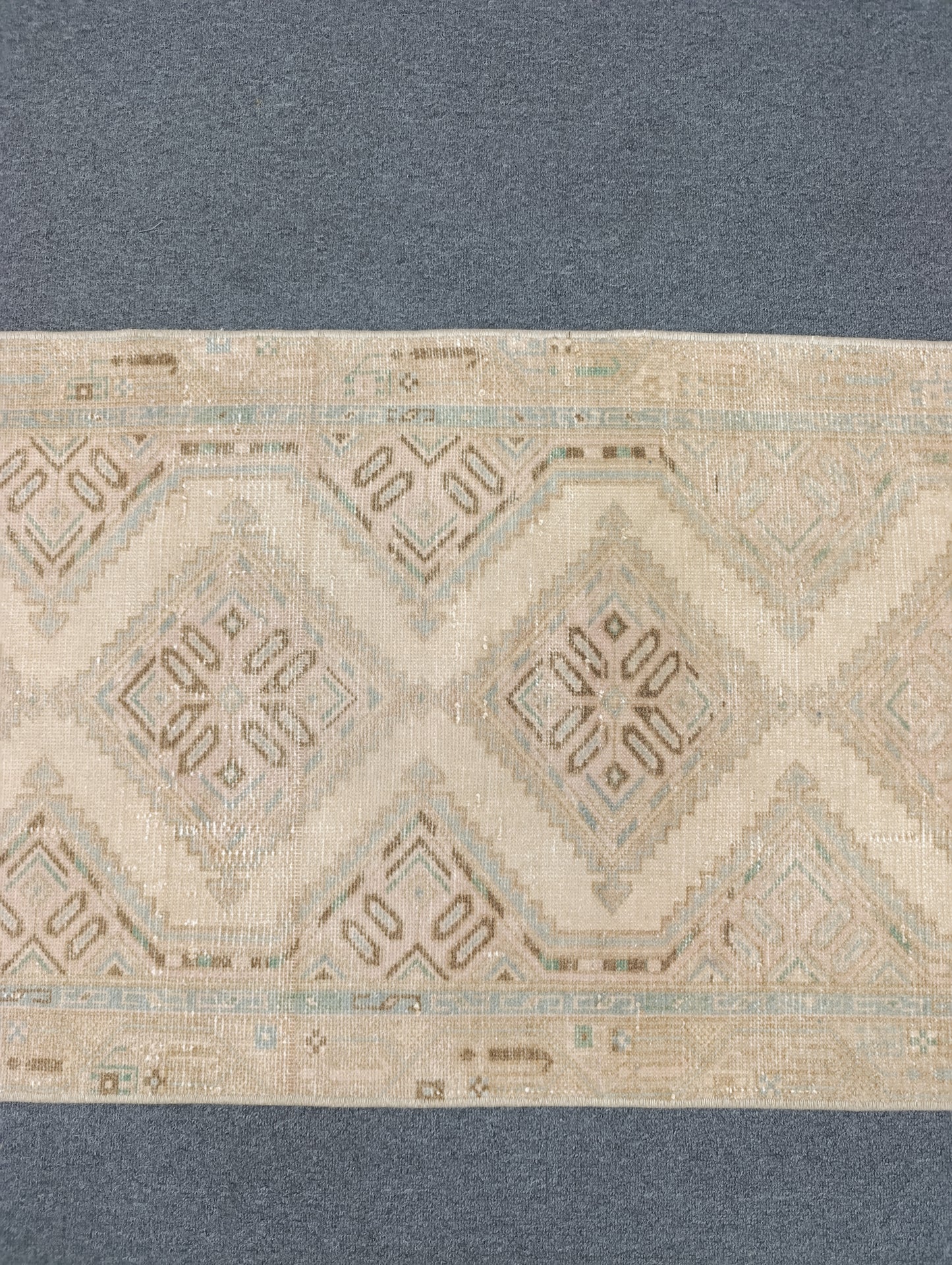Vintage Oushak Runner Rug, Handwoven Beige Sage Blue Diamond Pattern Hallway Rug