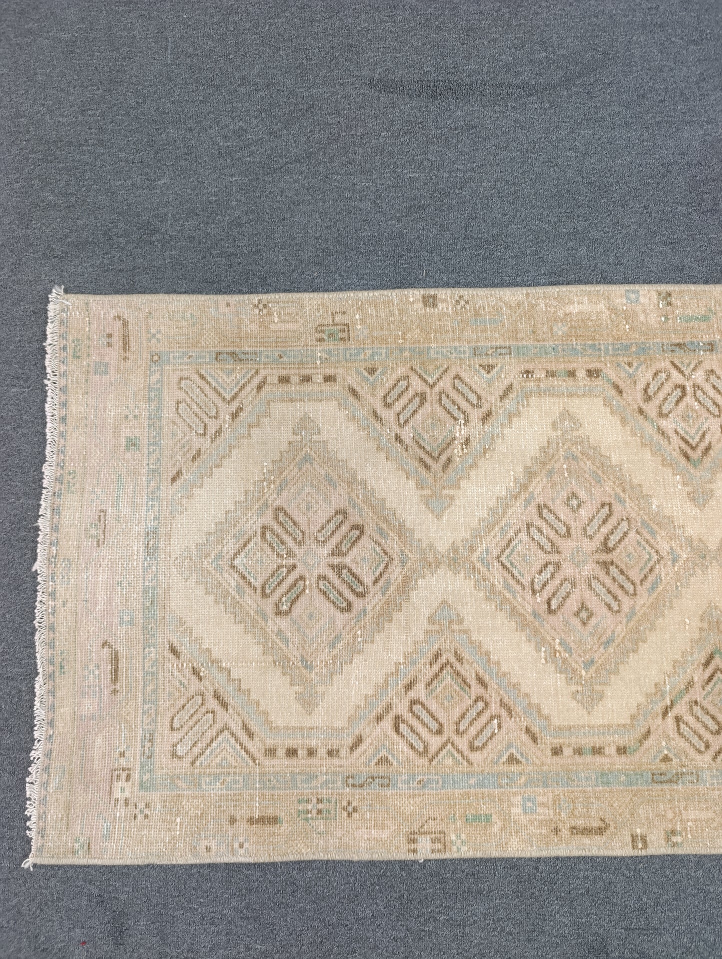 Vintage Oushak Runner Rug, Handwoven Beige Sage Blue Diamond Pattern Hallway Rug