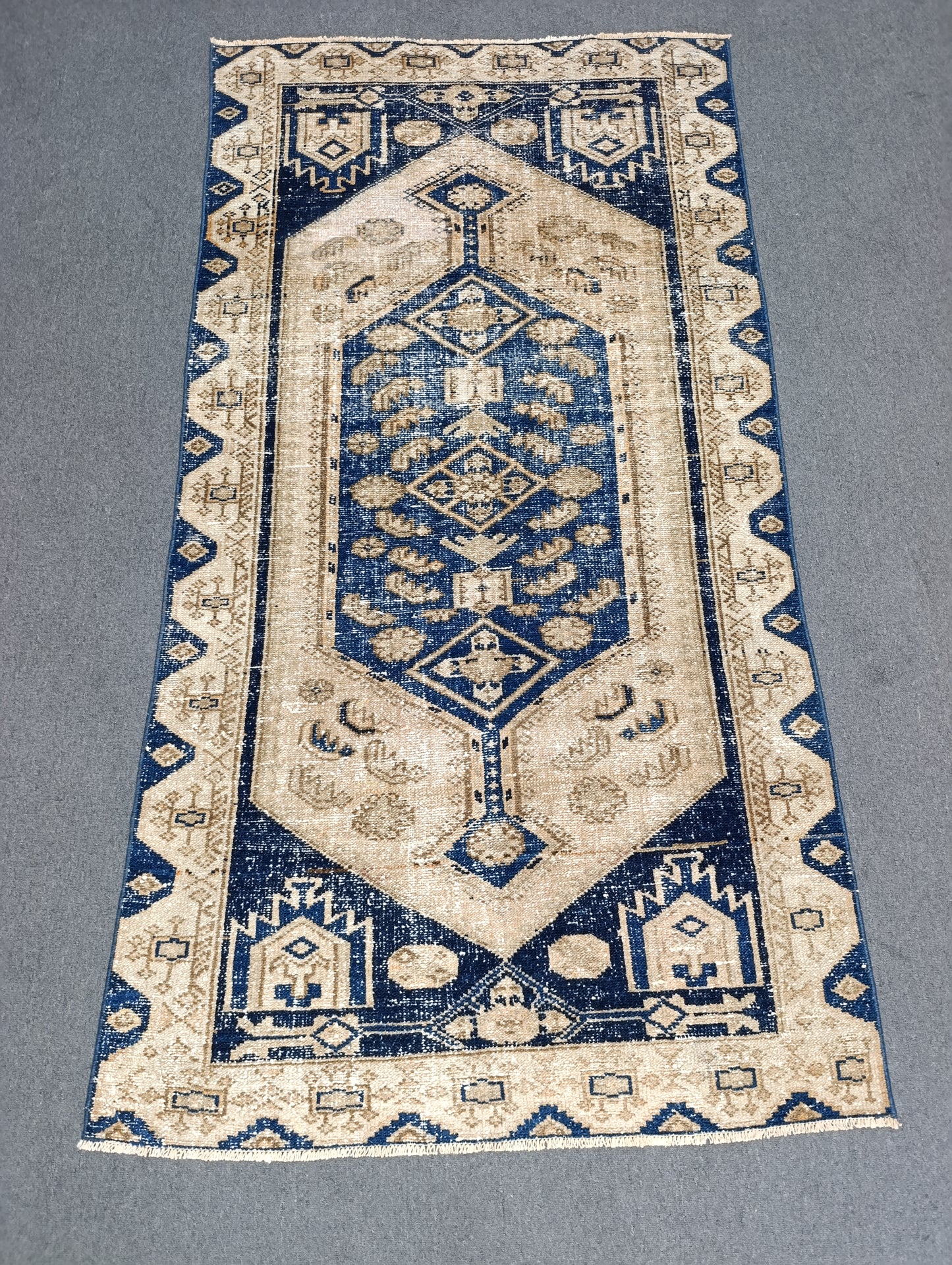 3'7" x 6'5" Faded Blue Beige Vintage Rug, Handwoven Wool Tribal Medallion Area Rug