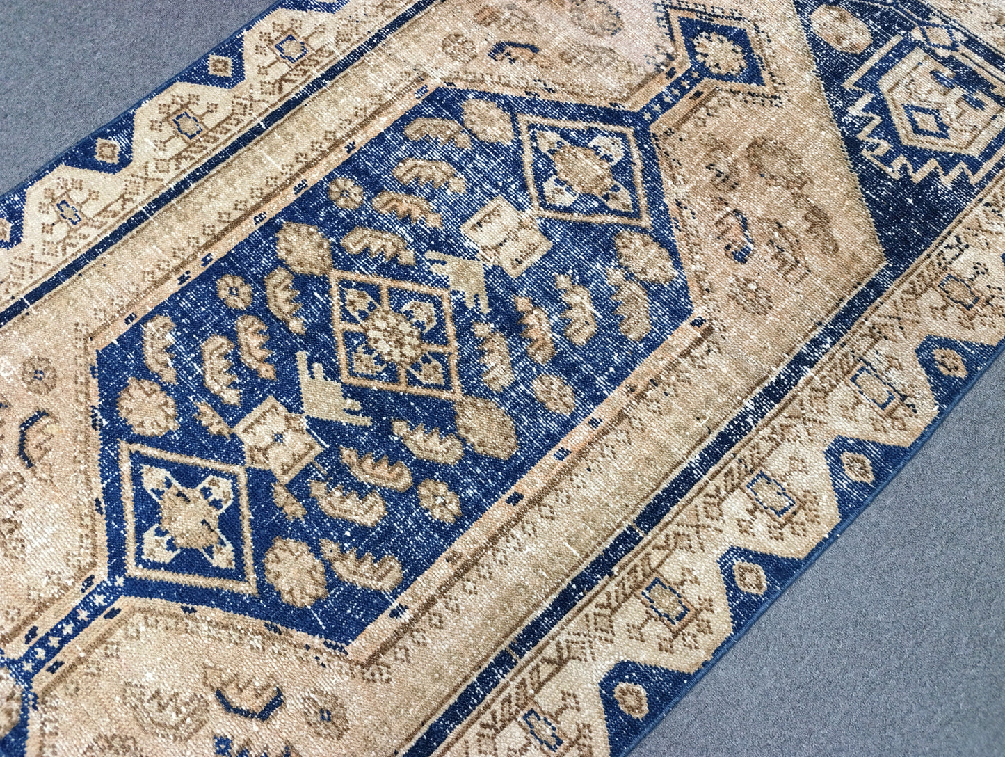 3'7" x 6'5" Faded Blue Beige Vintage Rug, Handwoven Wool Tribal Medallion Area Rug