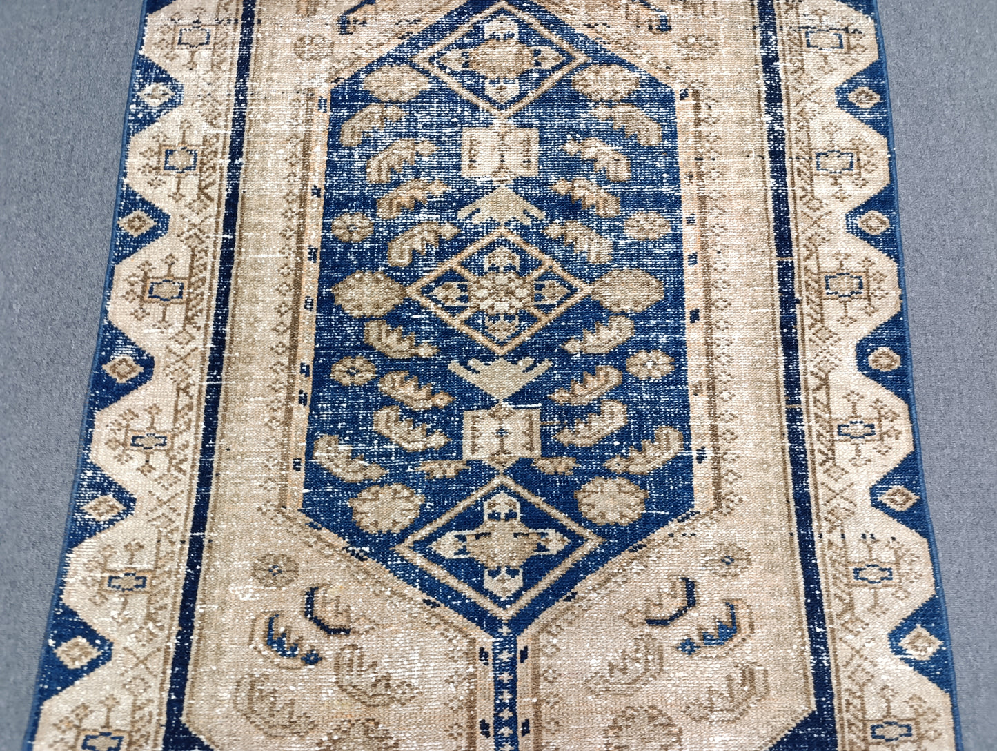 3'7" x 6'5" Faded Blue Beige Vintage Rug, Handwoven Wool Tribal Medallion Area Rug