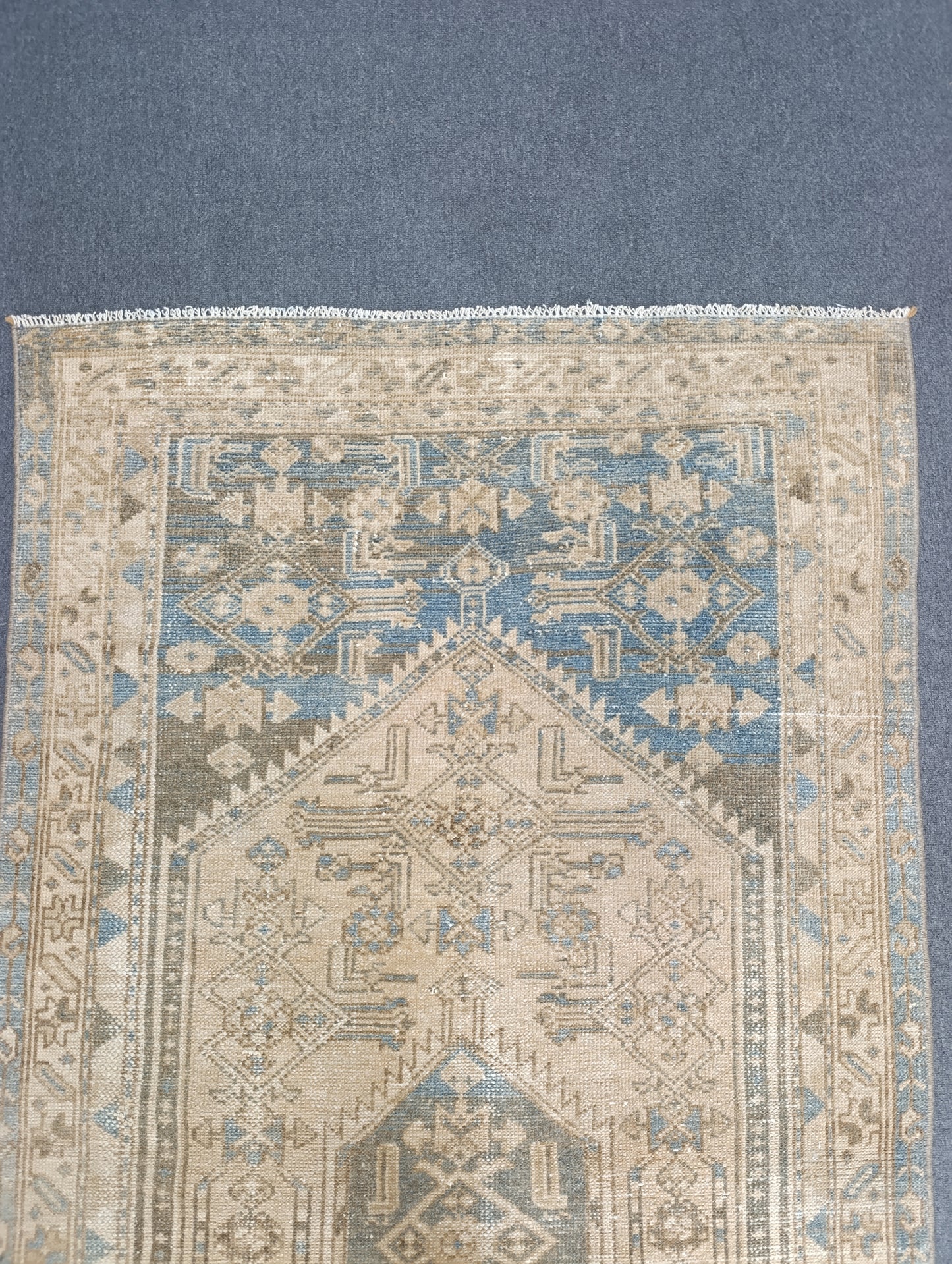 3'3" x 6'5" Faded Neutral Vintage Rug, Handwoven Wool Beige Blue Medallion Area Rug, Oriental Carpet