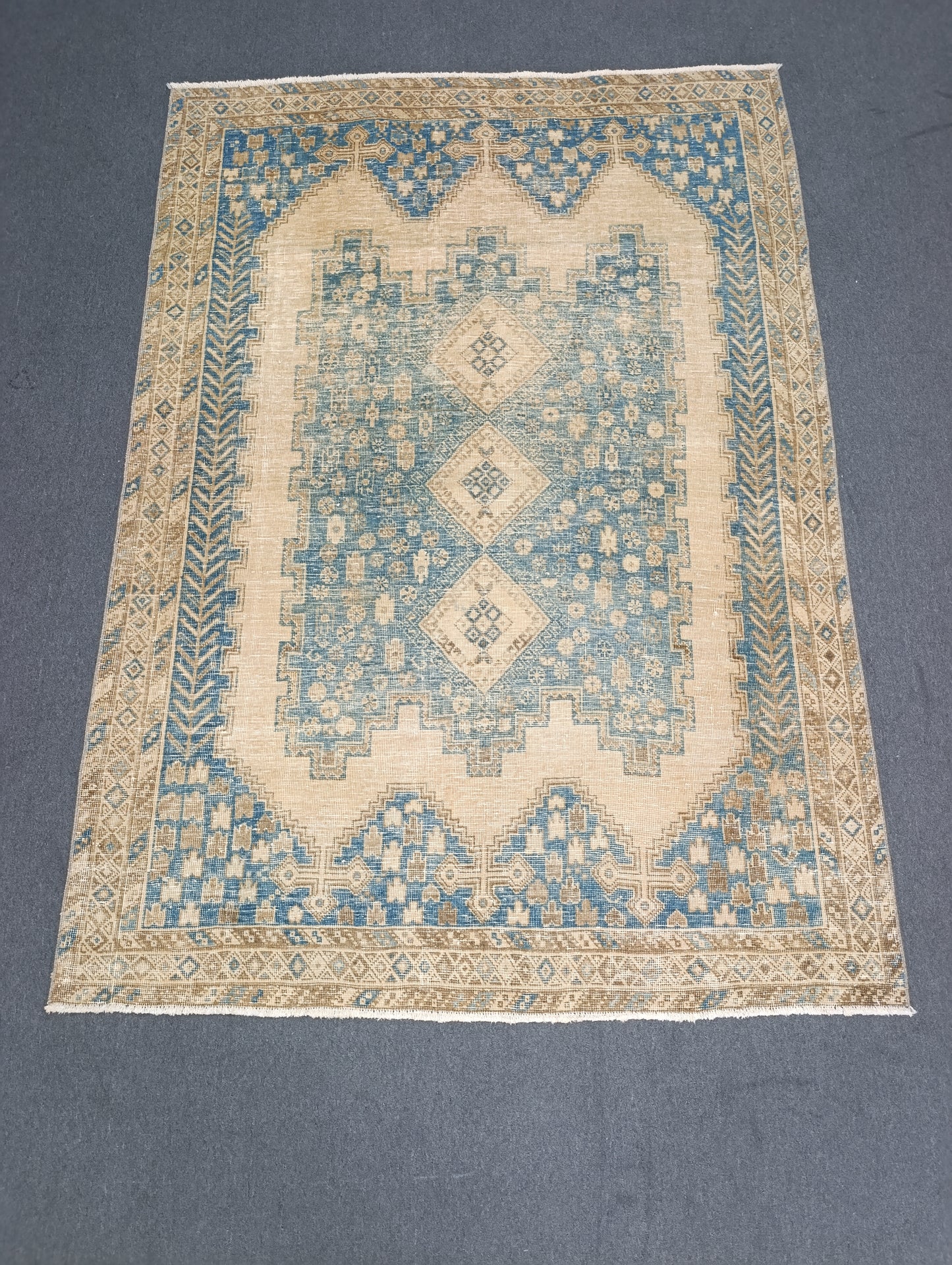 5x6.10 Vintage Rug, Handwoven Wool Anatolian Carpet, Faded Blue Beige Oriental Rug, Distressed Medallion Rug