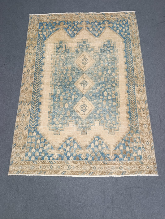 5x6.10 Vintage Rug, Handwoven Wool Anatolian Carpet, Faded Blue Beige Oriental Rug, Distressed Medallion Rug