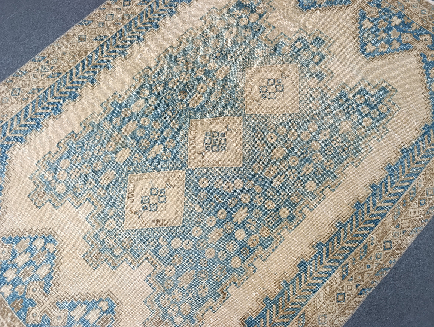5x6.10 Vintage Rug, Handwoven Wool Anatolian Carpet, Faded Blue Beige Oriental Rug, Distressed Medallion Rug