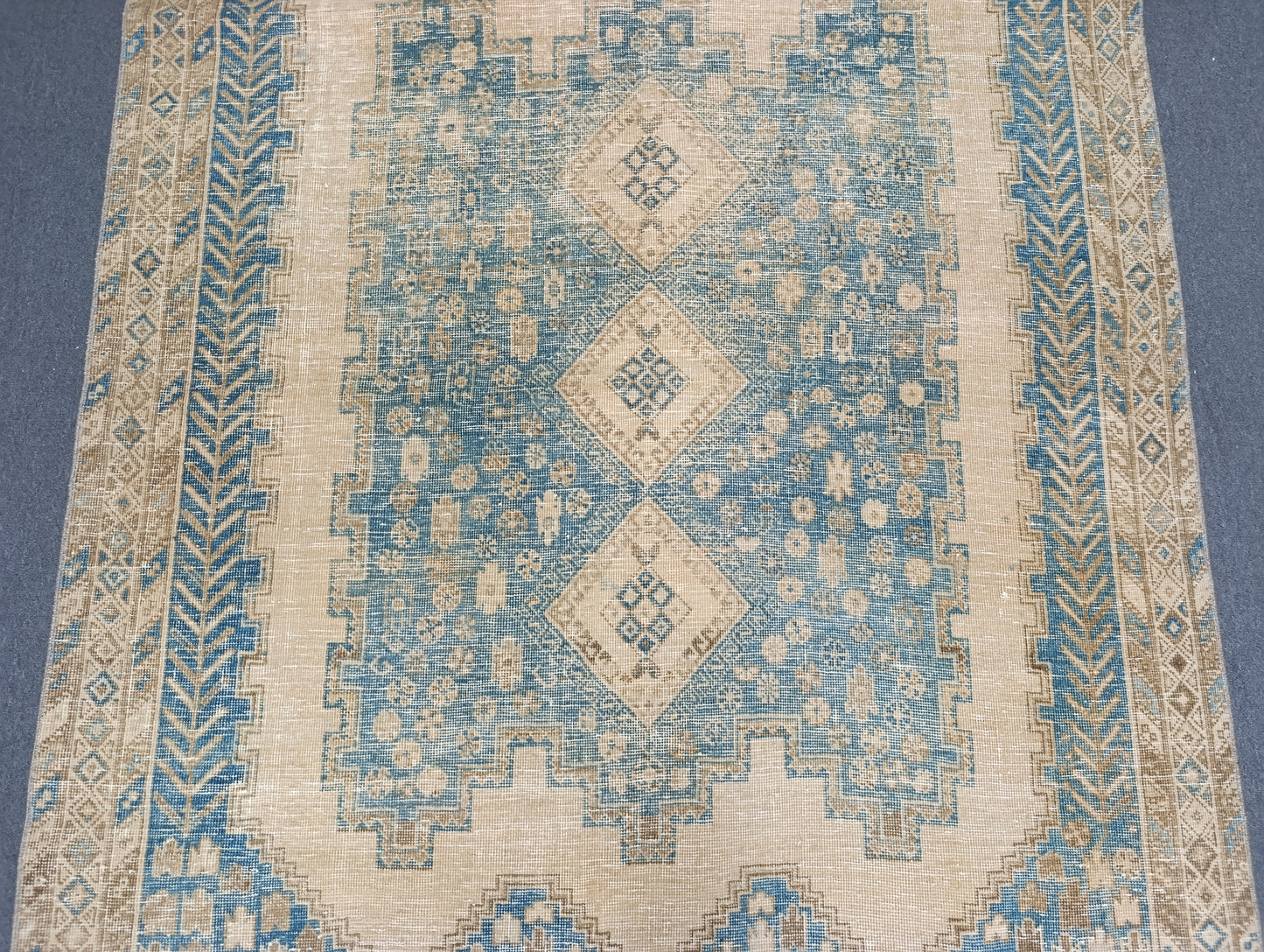5x6.10 Vintage Rug, Handwoven Wool Anatolian Carpet, Faded Blue Beige Oriental Rug, Distressed Medallion Rug