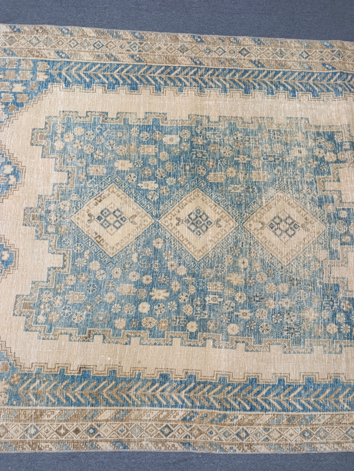 5x6.10 Vintage Rug, Handwoven Wool Anatolian Carpet, Faded Blue Beige Oriental Rug, Distressed Medallion Rug