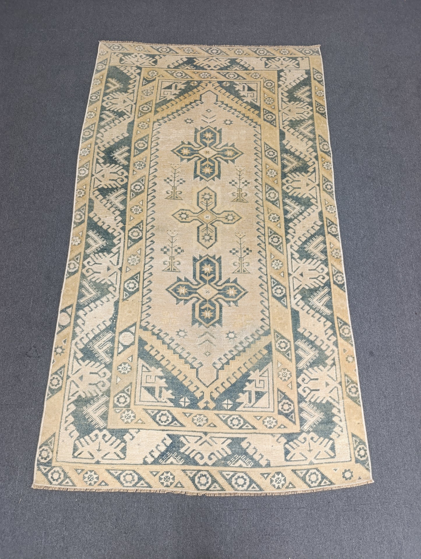 4' x 7' Faded Sage Green Beige Vintage Rug, Handwoven Wool Tribal Area Rug