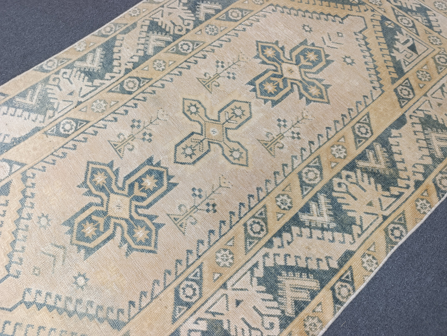 4' x 7' Faded Sage Green Beige Vintage Rug, Handwoven Wool Tribal Area Rug