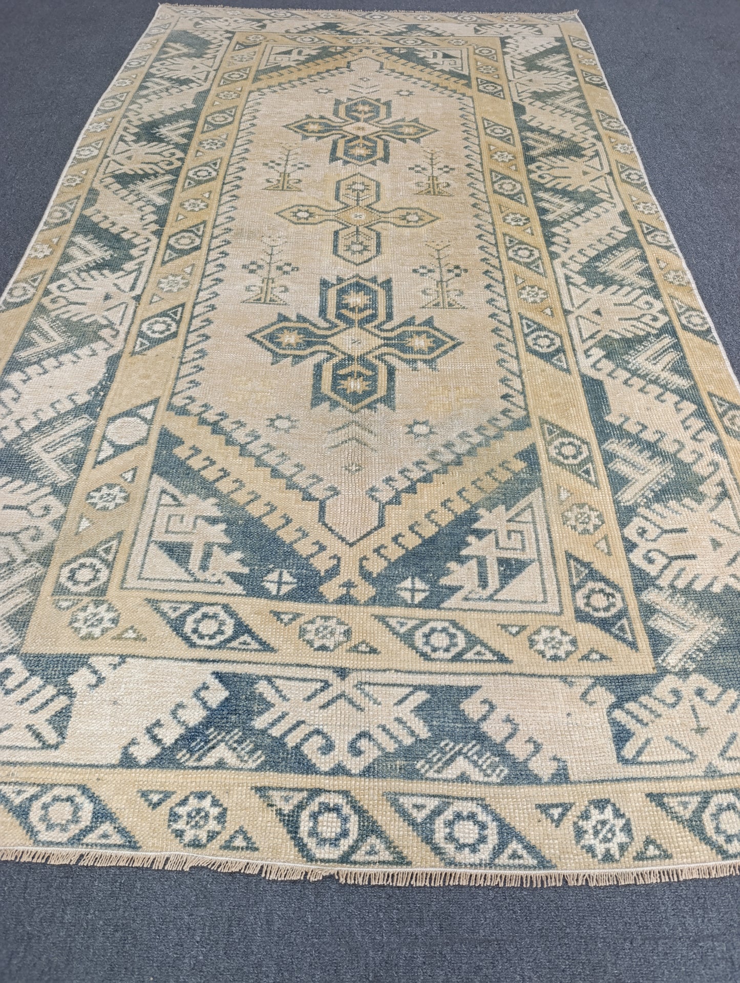 4' x 7' Faded Sage Green Beige Vintage Rug, Handwoven Wool Tribal Area Rug