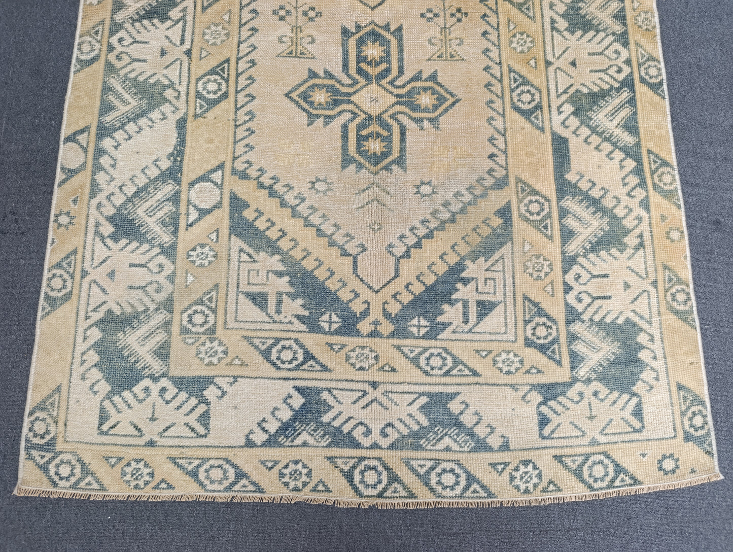 4' x 7' Faded Sage Green Beige Vintage Rug, Handwoven Wool Tribal Area Rug