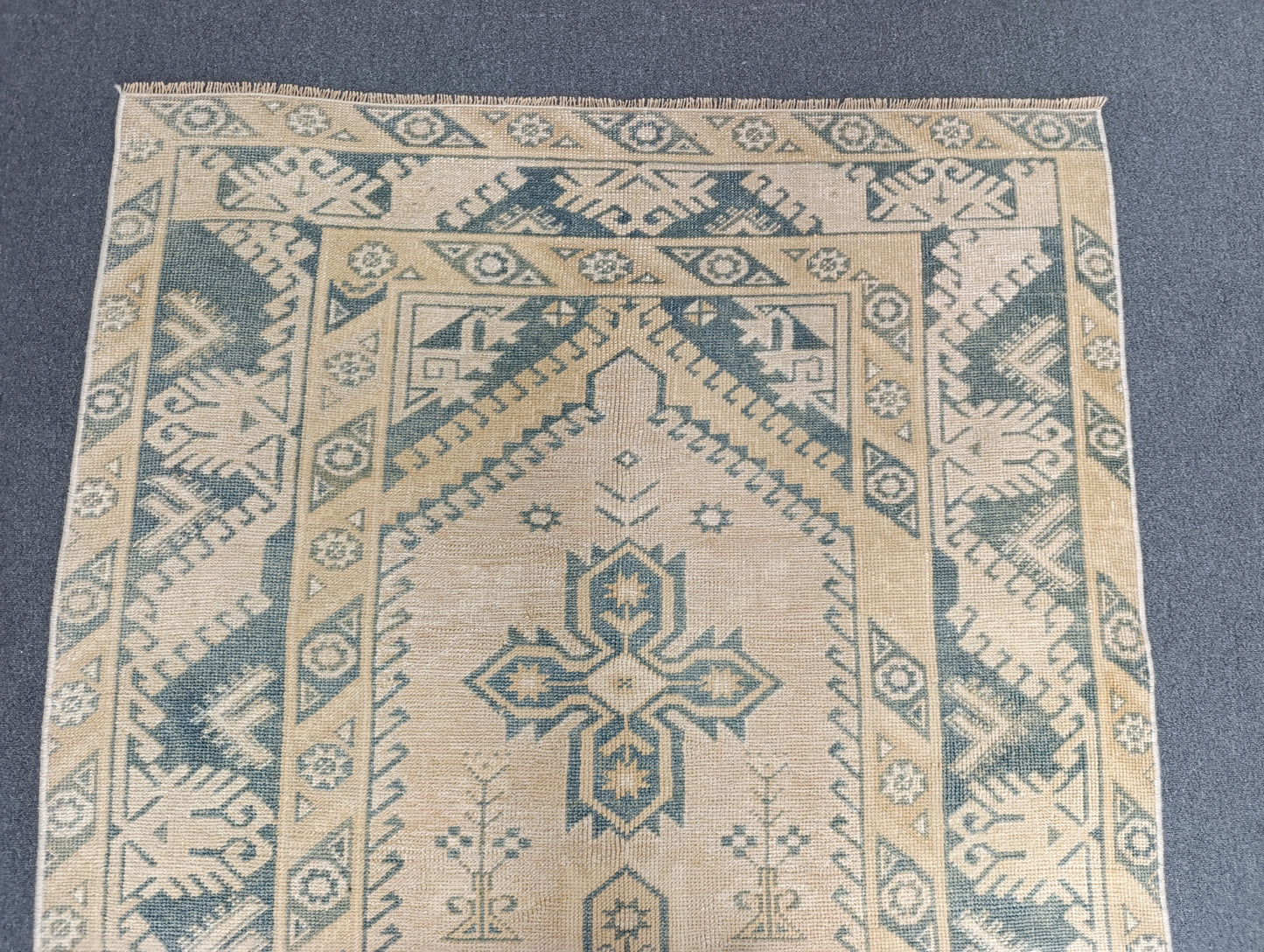 4' x 7' Faded Sage Green Beige Vintage Rug, Handwoven Wool Tribal Area Rug