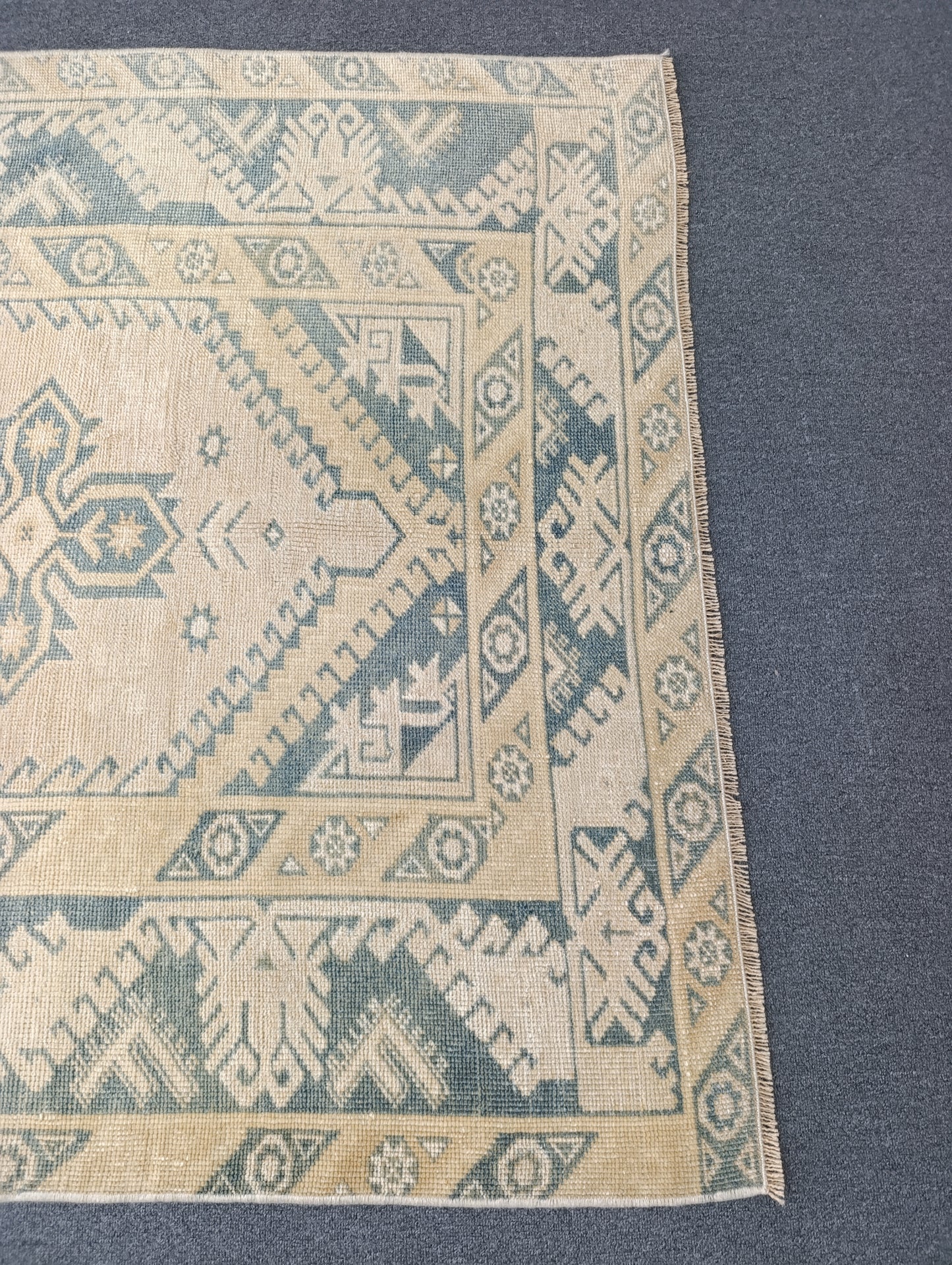 4' x 7' Faded Sage Green Beige Vintage Rug, Handwoven Wool Tribal Area Rug