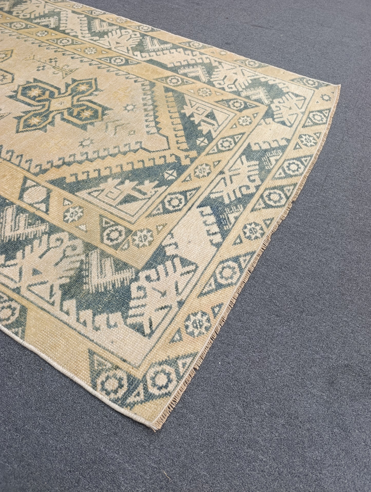 4' x 7' Faded Sage Green Beige Vintage Rug, Handwoven Wool Tribal Area Rug