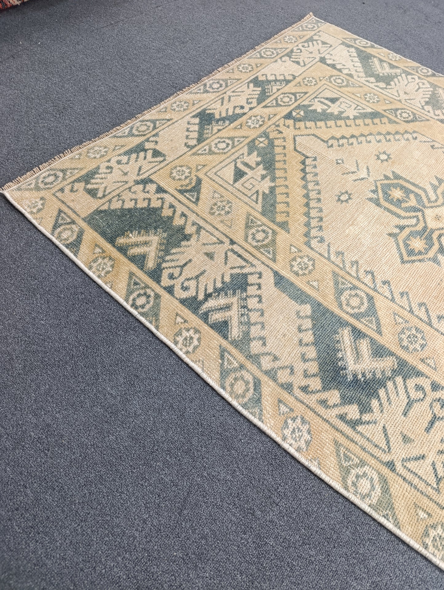 4' x 7' Faded Sage Green Beige Vintage Rug, Handwoven Wool Tribal Area Rug