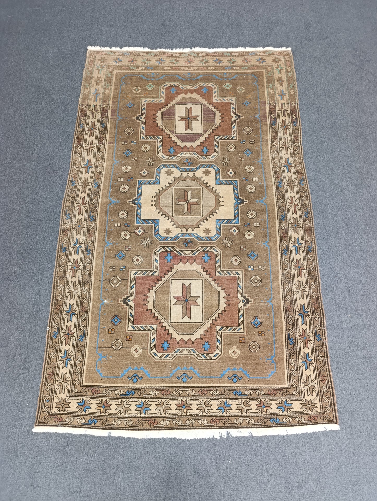 Handwoven Vintage Wool Rug, Faded Beige Blue Tribal Carpet (2'6" x 3'10")