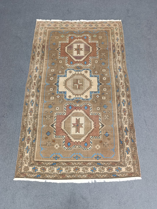 Handwoven Vintage Wool Rug, Faded Beige Blue Tribal Carpet (2'6" x 3'10")