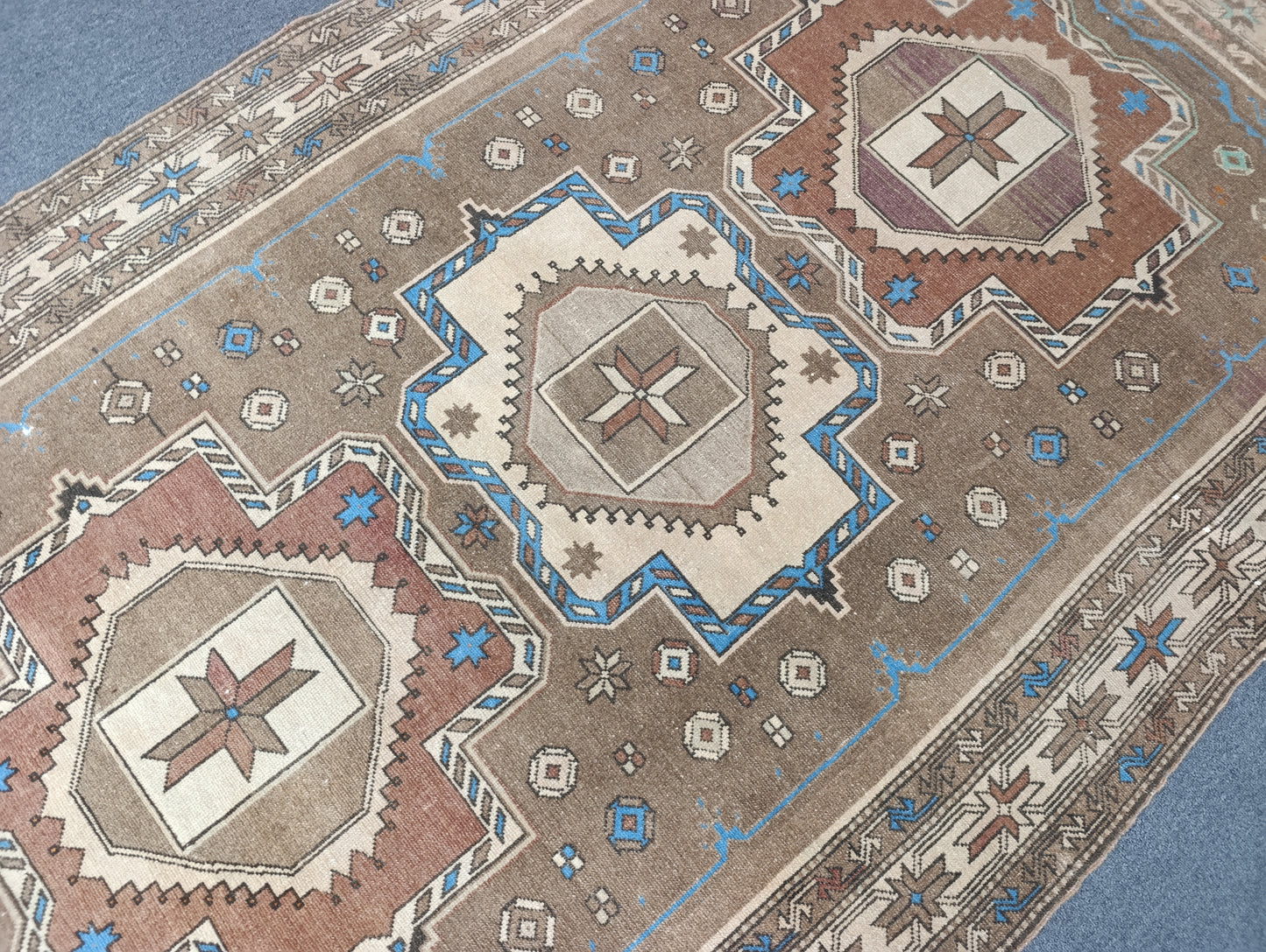 Handwoven Vintage Wool Rug, Faded Beige Blue Tribal Carpet (2'6" x 3'10")