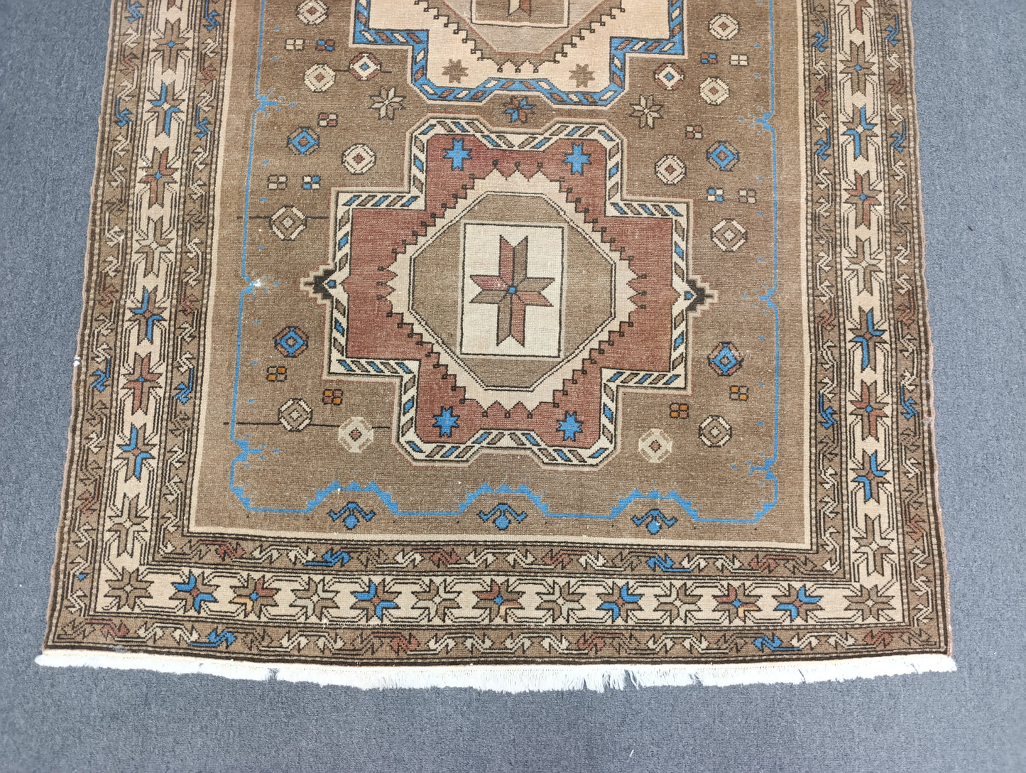 Handwoven Vintage Wool Rug, Faded Beige Blue Tribal Carpet (2'6" x 3'10")