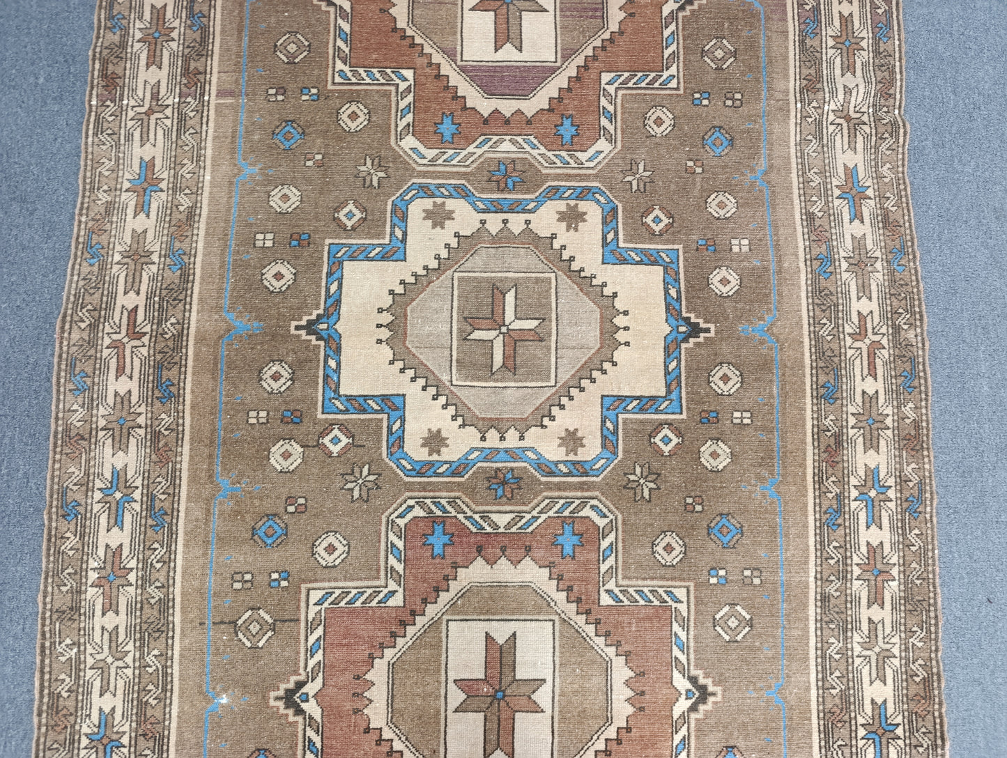 Handwoven Vintage Wool Rug, Faded Beige Blue Tribal Carpet (2'6" x 3'10")