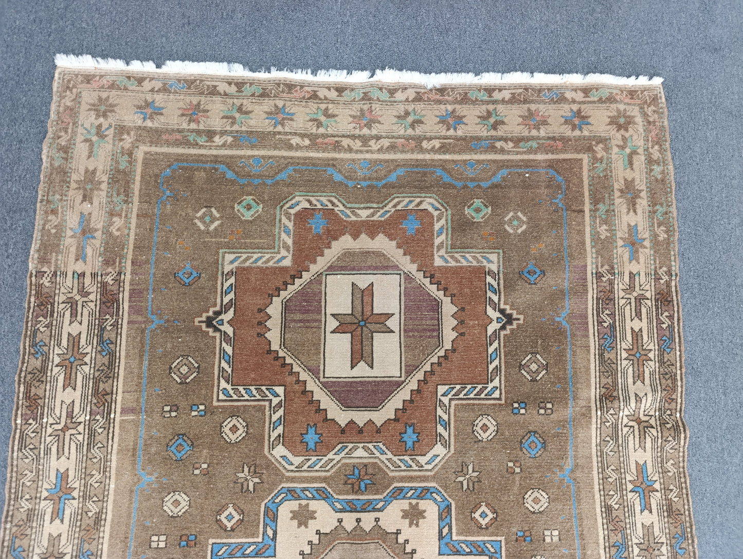 Handwoven Vintage Wool Rug, Faded Beige Blue Tribal Carpet (2'6" x 3'10")