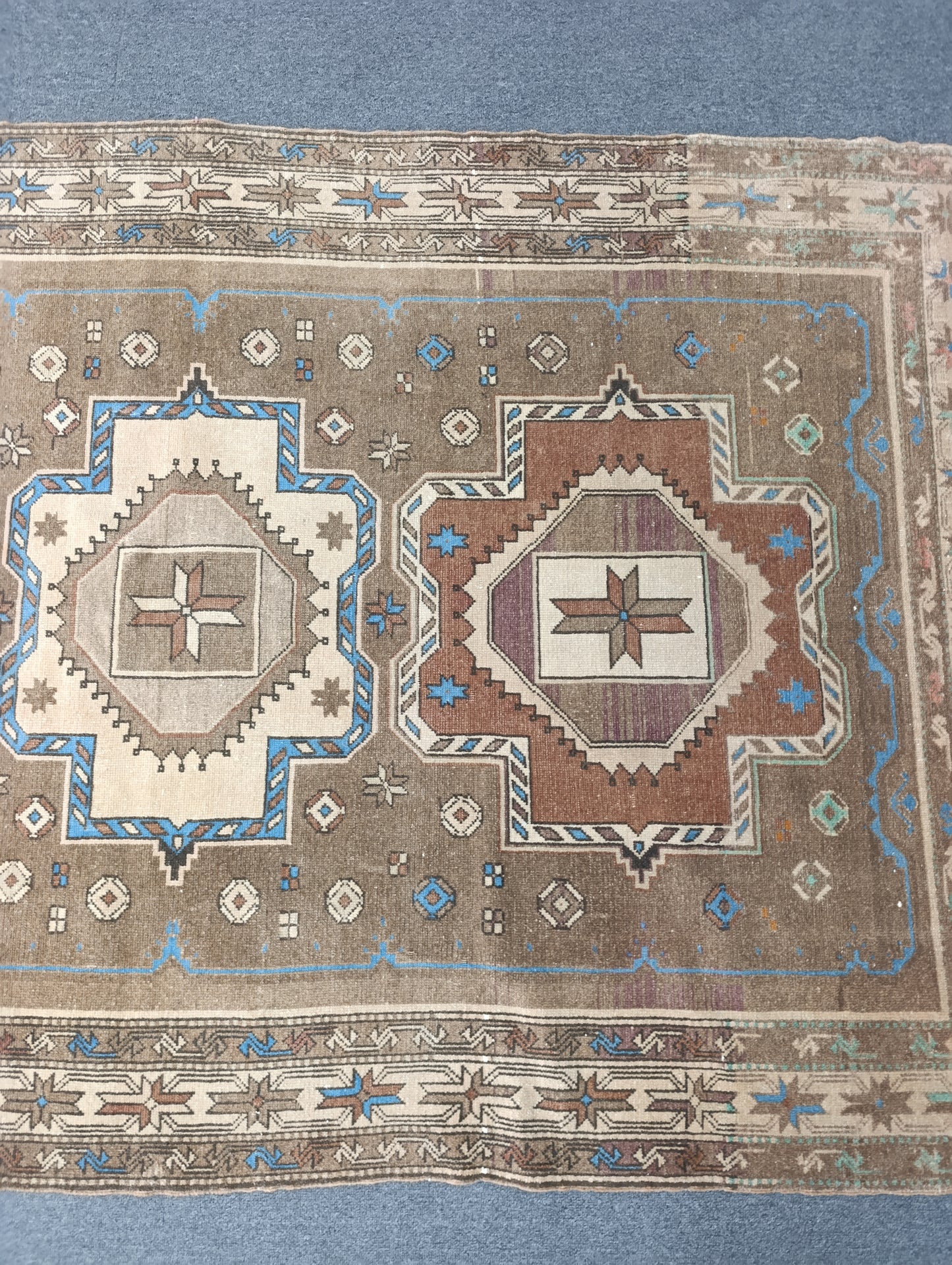 Handwoven Vintage Wool Rug, Faded Beige Blue Tribal Carpet (2'6" x 3'10")