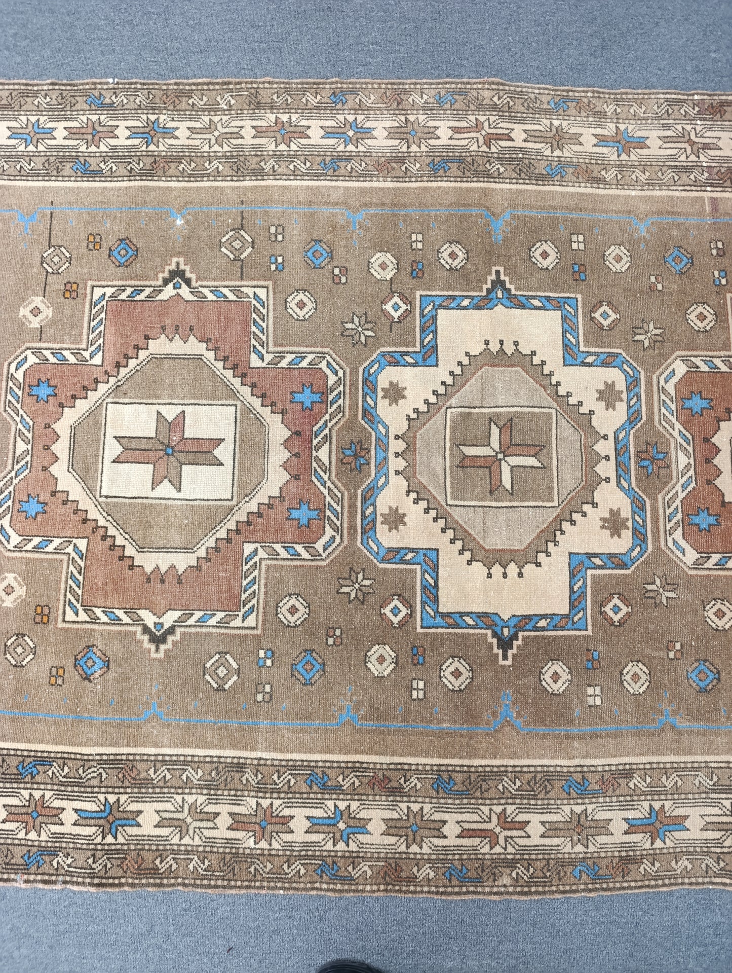 Handwoven Vintage Wool Rug, Faded Beige Blue Tribal Carpet (2'6" x 3'10")