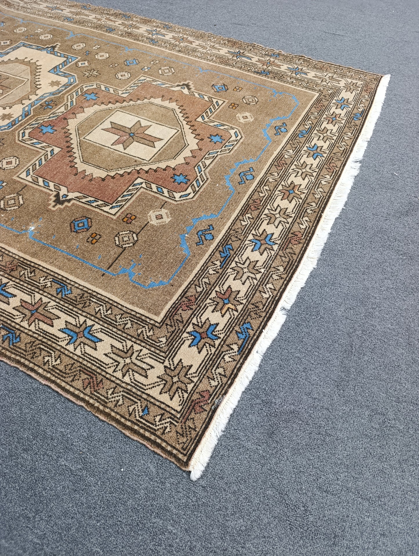 Handwoven Vintage Wool Rug, Faded Beige Blue Tribal Carpet (2'6" x 3'10")