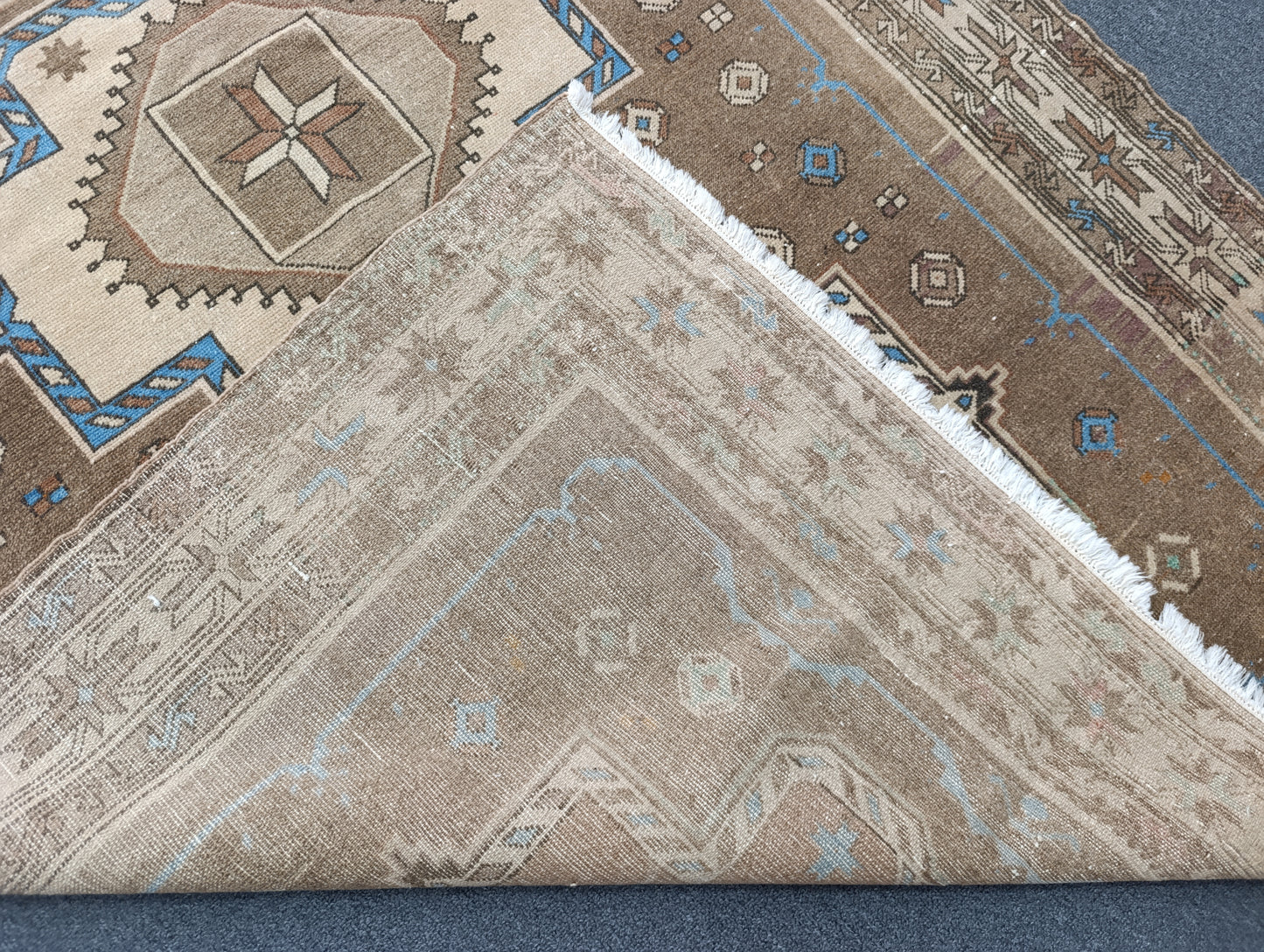 Handwoven Vintage Wool Rug, Faded Beige Blue Tribal Carpet (2'6" x 3'10")