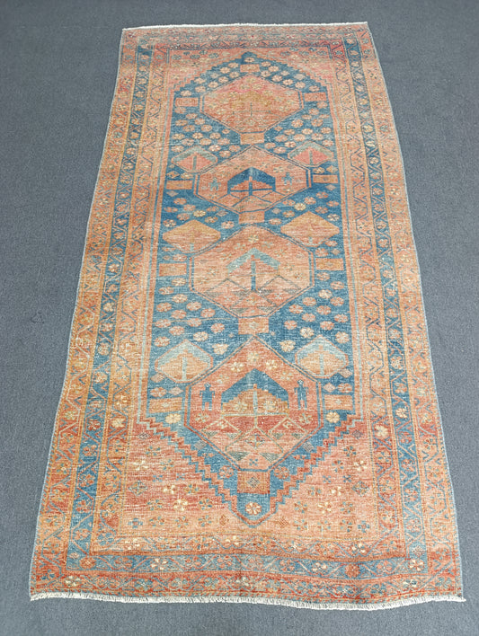 4'8" x 8'11" Vintage Oriental Rug, Distressed Blue Coral Wool Carpet