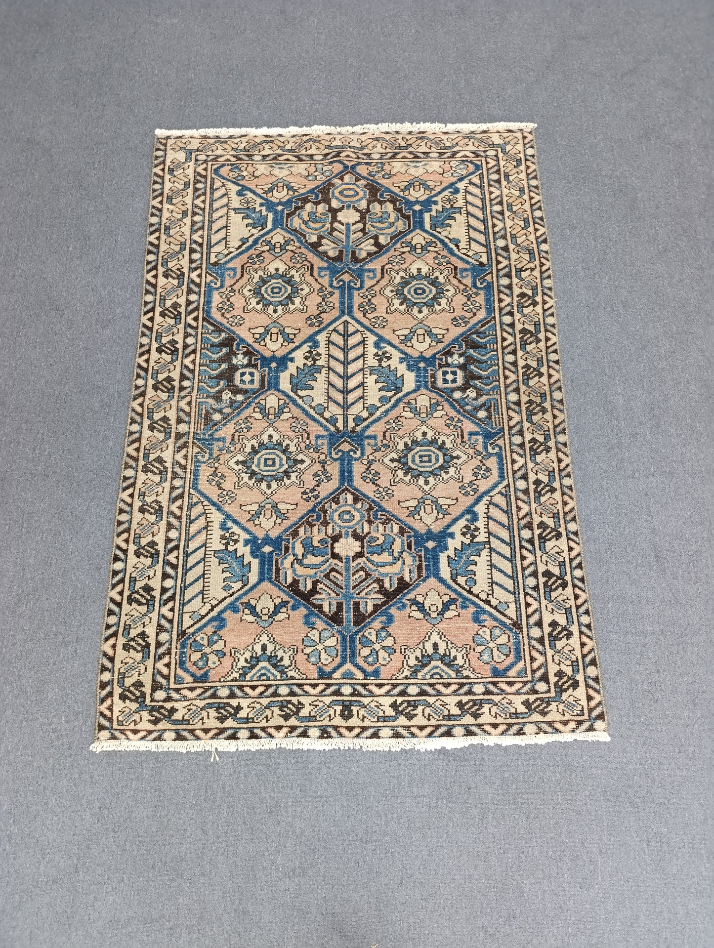 3'7" x 5'3" Vintage Oriental Rug, Faded Blue Beige Wool Carpet