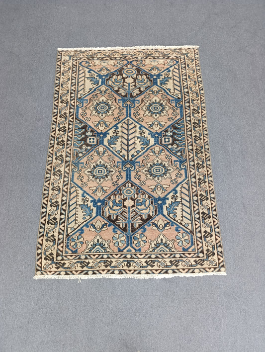 3'7" x 5'3" Vintage Oriental Rug, Faded Blue Beige Wool Carpet