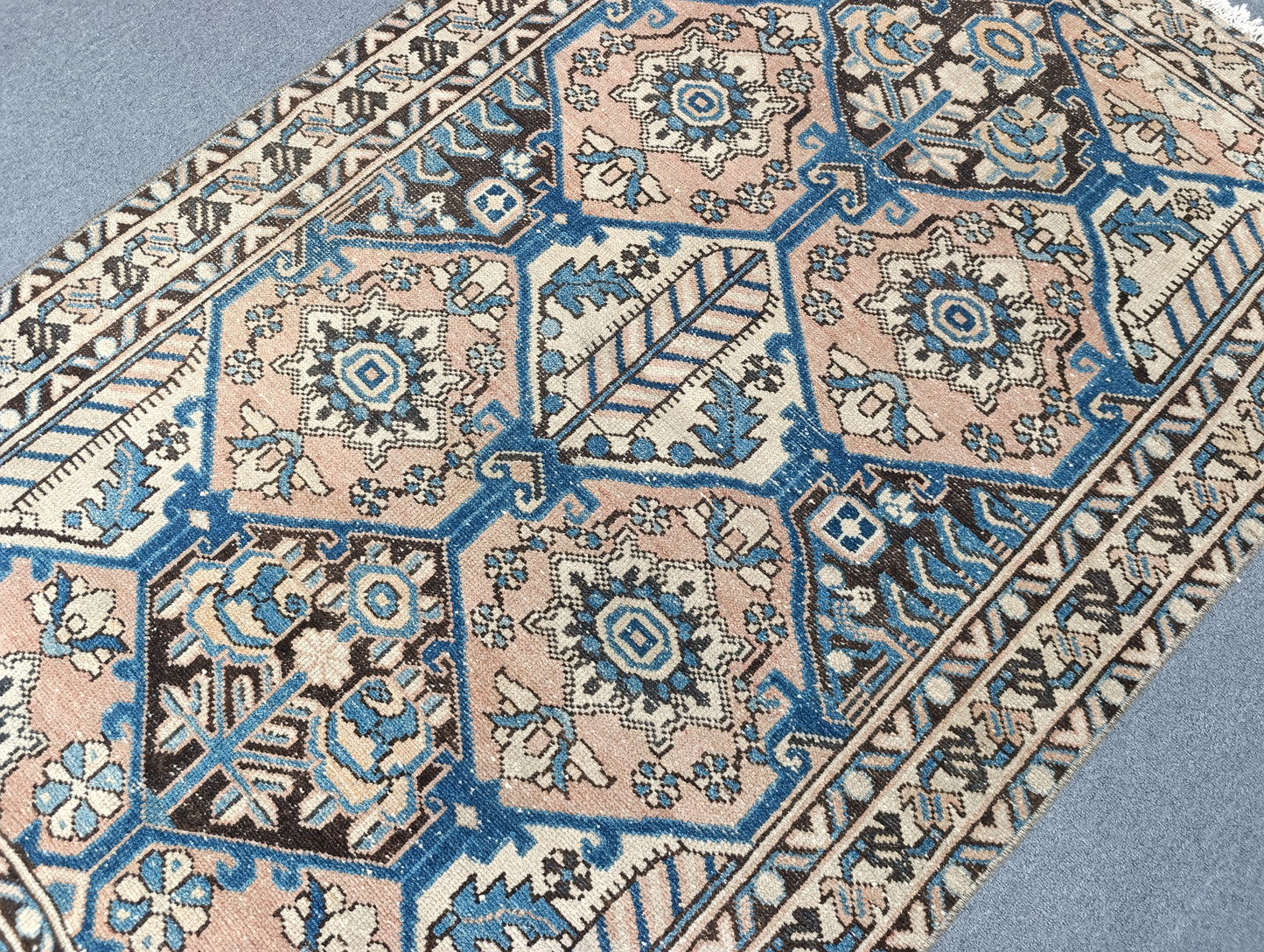 3'7" x 5'3" Vintage Oriental Rug, Faded Blue Beige Wool Carpet