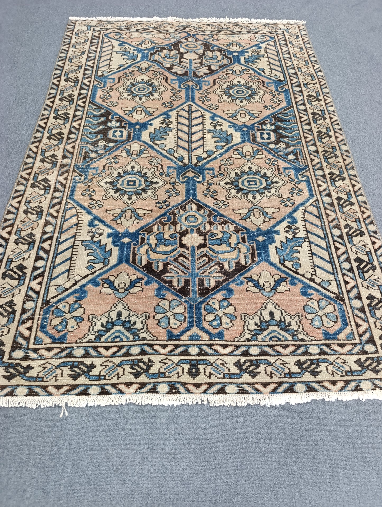 3'7" x 5'3" Vintage Oriental Rug, Faded Blue Beige Wool Carpet