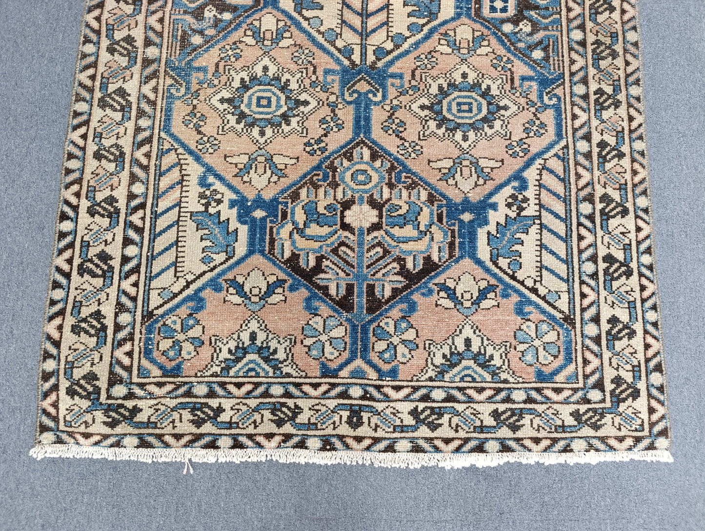 3'7" x 5'3" Vintage Oriental Rug, Faded Blue Beige Wool Carpet
