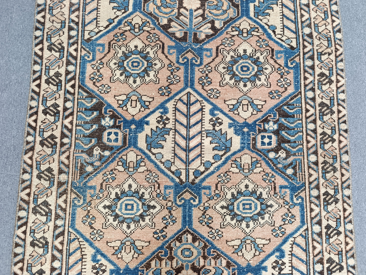 3'7" x 5'3" Vintage Oriental Rug, Faded Blue Beige Wool Carpet