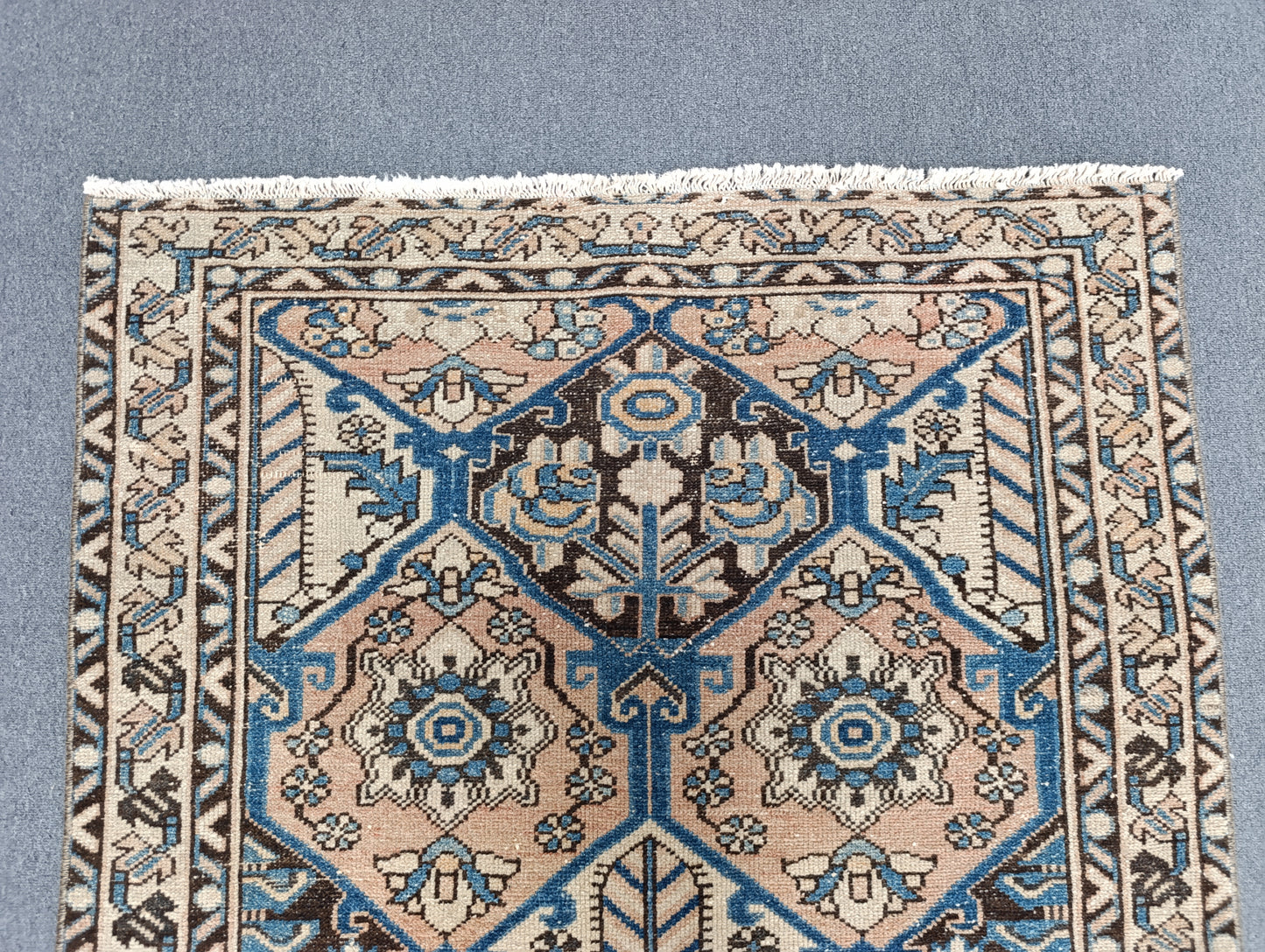 3'7" x 5'3" Vintage Oriental Rug, Faded Blue Beige Wool Carpet