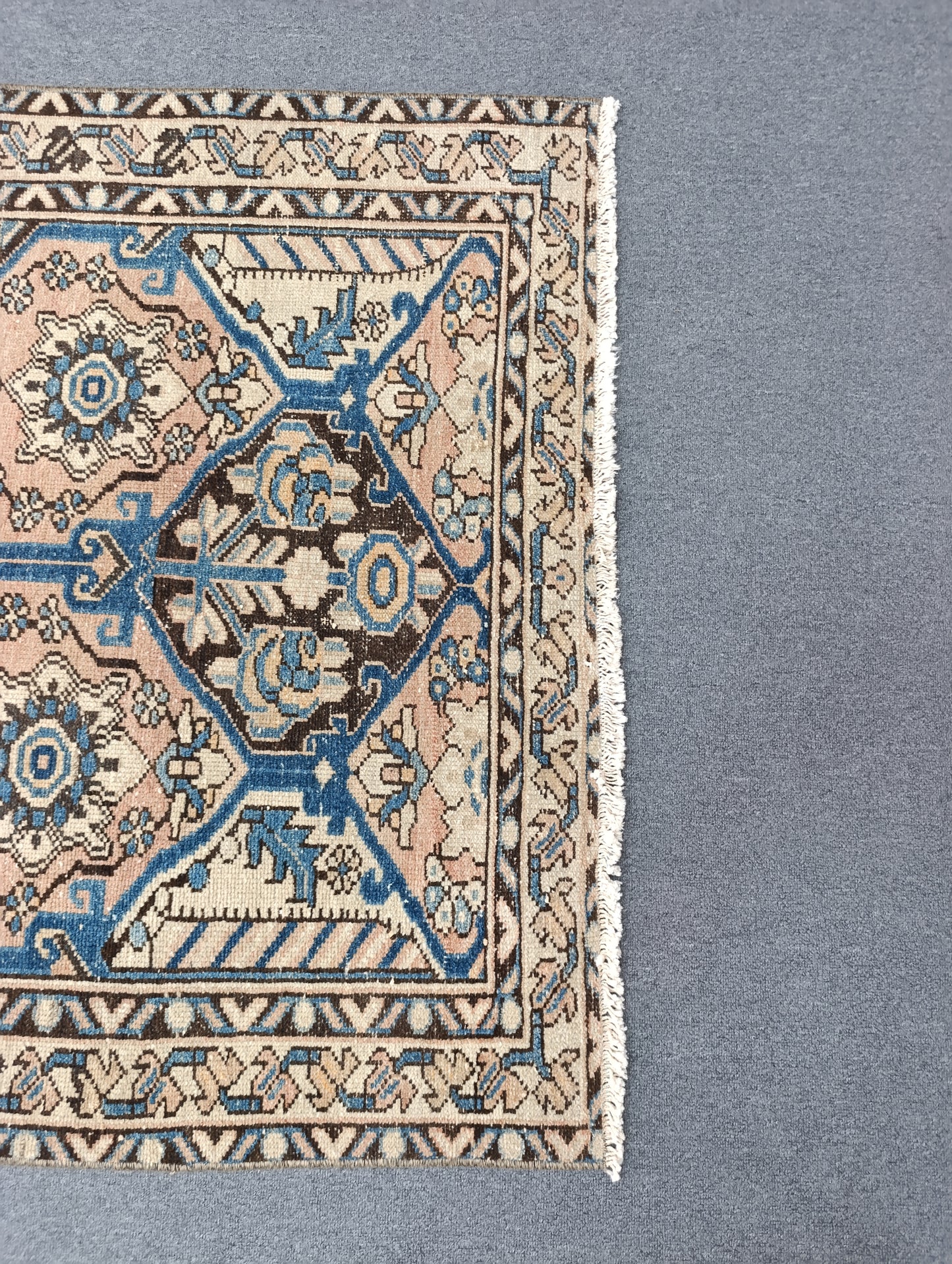 3'7" x 5'3" Vintage Oriental Rug, Faded Blue Beige Wool Carpet